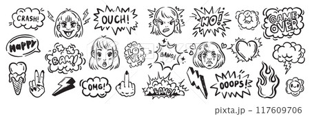 Doodle speech bubble set, vector cartoon hand drawn emotion sign, girl face, explosion cloud, heart. 117609706