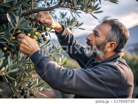 A man is carefully picking delicious olives from an olive tree 117609730