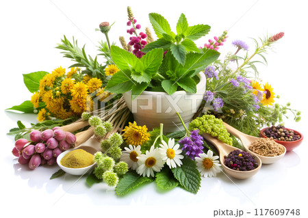 A mortar and pestle filled with herbs and flowers on a table A mortar and pestle filled with herbs and flowers on a table 117609748