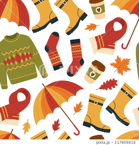Seamless pattern with autumn warm clothes. Sweater, scarf, rubber boots, socks, umbrella and coffee cup. Cozy outdoor outfit. Fall season print. Vector flat illustration isolated on white background 117609818