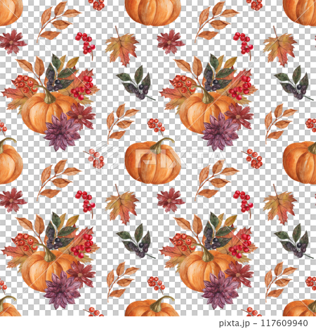 Watercolor autumn seamless pattern with pumpkins, Dahlia, red berries, leaves and mushrooms. Hand painted rustic print. floral illustration for Harvest party 117609940