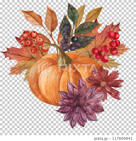 Watercolor autumn composition with separate elements pumpkins, Dahlia, red berries, leaves and mushrooms. Hand painted rustic isolated floral illustration for Harvest party Watercolor autumn composition with separate elements pumpkins, Dahlia, red berries, leaves and mushrooms. Hand painted rustic isolated floral illustration for Harvest party 117609941