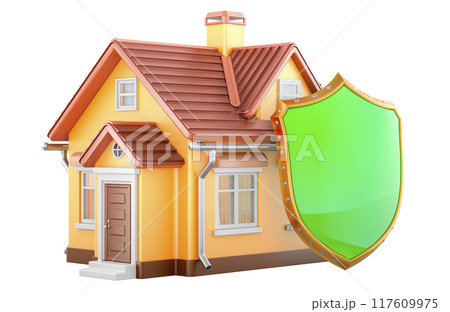 House with shield. Security and protection, concept. 3D rendering House with shield. Security and protection, concept. 3D rendering 117609975