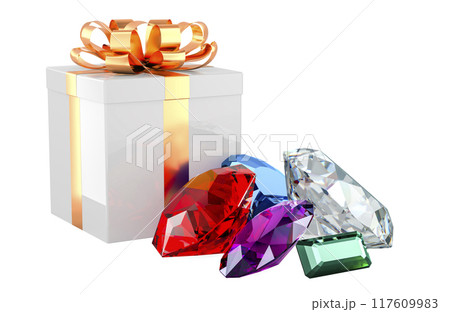 Gift box with colorful gemstones, 3D rendering 117609983