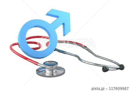 Male gender symbol with stethoscope. Medical help for men concept. 3D rendering 117609987