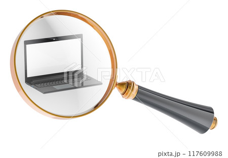 Loupe with Laptop Computer. Search information, concept. 3D rendering 117609988