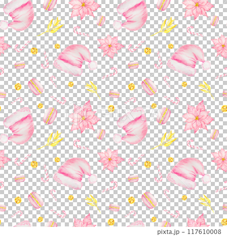 Pink poinsettia, Santa Claus hat, New Year's candy canes, macarons and gold bells. Watercolor hand drawn seamless pattern with Christmas sweets. Winter symbols for holiday season prints, packing 117610008