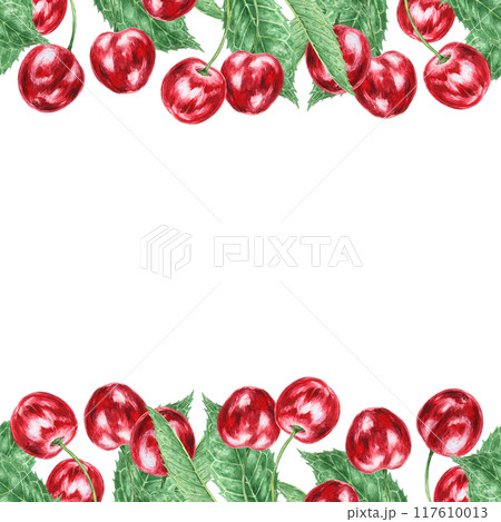 Red cherry branch with green leaf. Juicy hand drawn watercolor illustration, isolated frame for banner template with copy space for text. Food art, fresh botanical realistic painting for prints, cards 117610013
