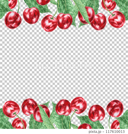 Red cherry branch with green leaf. Juicy hand drawn watercolor illustration, isolated frame for banner template with copy space for text. Food art, fresh botanical realistic painting for prints, cards 117610013