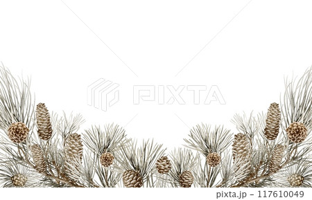 Christmas Watercolor Horizontal Spruce Frame. Pine branches and cones Xmas frame. Border of Green pine twigs, pinecones on white background. Space for text. New Year holiday design for cards. 117610049
