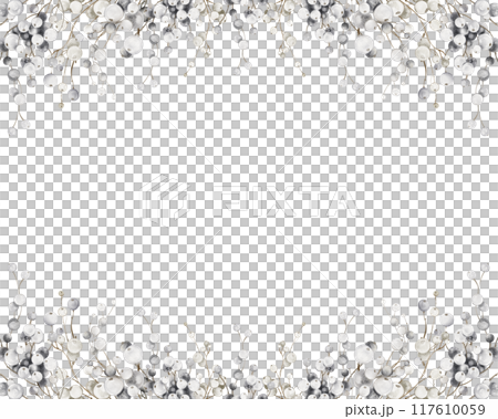 Watercolor Christmas horizontal frame of white berries. Hand painted holiday card of wild berry isolated on white background. Space for text. New Year sample Border design for cards and packages. Watercolor Christmas horizontal frame of white berries. Hand painted holiday card of wild berry isolated on white background. Space for text. New Year sample Border design for cards and packages. 117610059