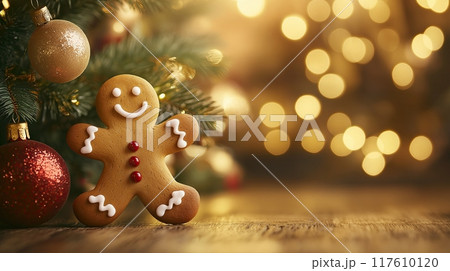 Gingerbread Man Cookie by Christmas Tree and Ornaments 117610120