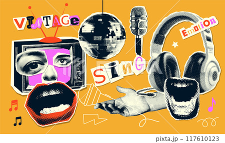 Cool grunge set of halftone collage elements on the theme of singing, vintage music TV. Headphones, mirror ball and open lips. Trendy vector illustration Cool grunge set of halftone collage elements on the theme of singing, vintage music TV. Headphones, mirror ball and open lips. Trendy vector illustration 117610123