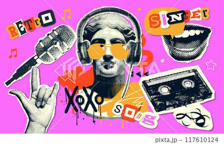 Vintage music halftone collage set with audio cassette vintage microphone, singing mouth, antique statue. Retro paper collage cut-out elements. Vector illustration. 117610124