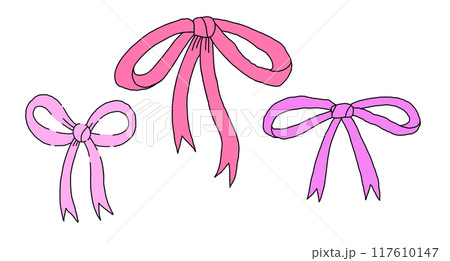 Set of pastel pink ribbon bows. Hand drawn decorative bow elements sketch style illustration. 117610147