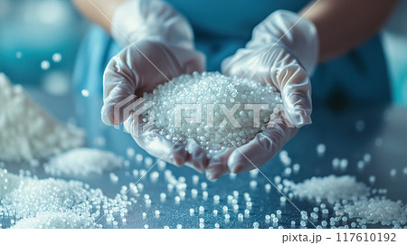 Gloved hands cradling white plastic pellets. 117610192