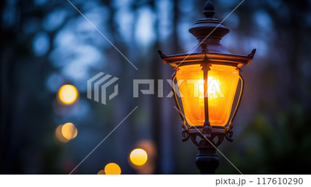 Old-fashioned lamp glowing at dusk. Old-fashioned lamp glowing at dusk. 117610290