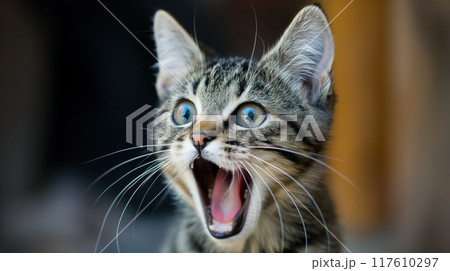 Kitten with mouth open in surprise. 117610297