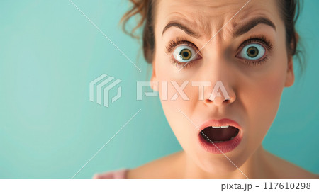 Woman with wide eyes in a shocked pose. Woman with wide eyes in a shocked pose. 117610298