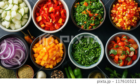 Various chopped vegetables in organized bowls. 117610321