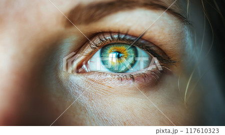 Intense green eye in a macro photography shot. 117610323