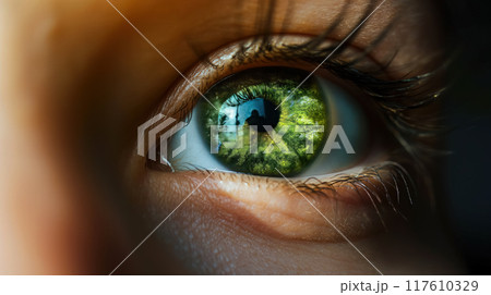 Green eye reflecting a lush forest landscape. 117610329