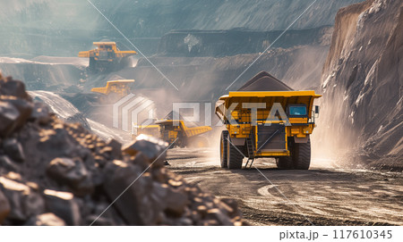 Industrial trucks at work in a dusty mine. 117610345