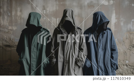 Three people in hoods against a grunge wall. 117610349