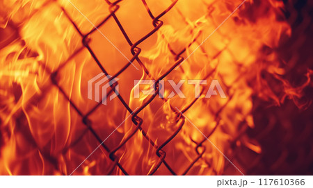 Intense flames behind a chain-link fence. Intense flames behind a chain-link fence. 117610366