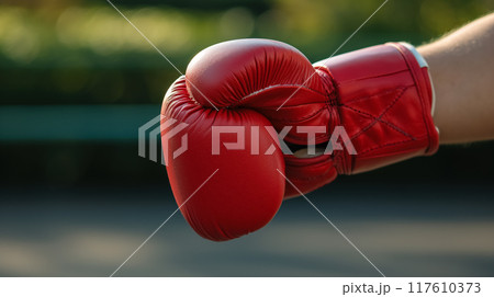 Red boxing glove ready for a fight in sunlight. Red boxing glove ready for a fight in sunlight. 117610373