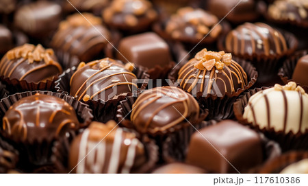 Assorted luxury chocolates in a close-up view. Assorted luxury chocolates in a close-up view. 117610386