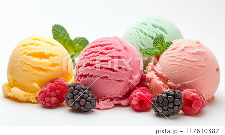 Scoops of colorful ice cream with fresh berries. Scoops of colorful ice cream with fresh berries. 117610387