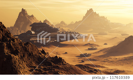 Starships stationed on a rugged desert planet. Starships stationed on a rugged desert planet. 117610389