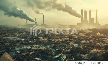 Polluting smoke over landfill at gloomy dawn. Polluting smoke over landfill at gloomy dawn. 117610426