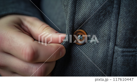 Close-up of a button on a coat. 117610447