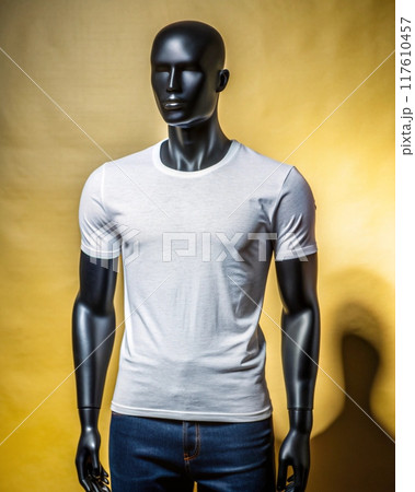 Black Mannequin Wearing Blank white T-Shirt - High-Quality Mockup for Apparel Design 117610457