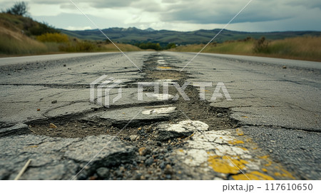 Damaged road with potholes and yellow line. 117610650
