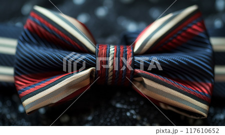 Striped bow tie on a glittery surface. Striped bow tie on a glittery surface. 117610652