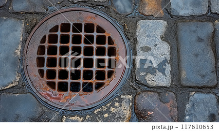 Manhole cover on cobblestone street. Manhole cover on cobblestone street. 117610653