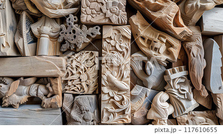 Assorted wooden carvings in intricate designs. Assorted wooden carvings in intricate designs. 117610655