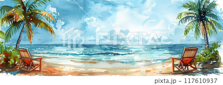 Watercolor painting of a chair under a coconut tree on the beach. 117610937