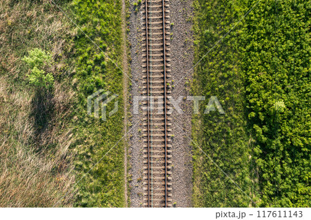 Railway through summer forest. Aerial view 117611143