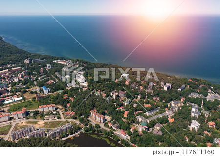 Baltic sea beach with Svetlogorsk town. Aerial view 117611160