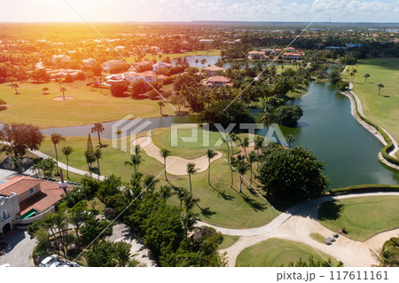 Golf club field, nobody. Aerial view 117611161
