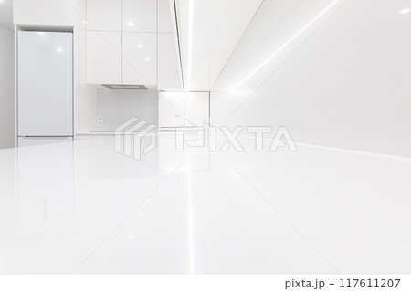 Empty white acrylic countertop with faucet, copy space 117611207