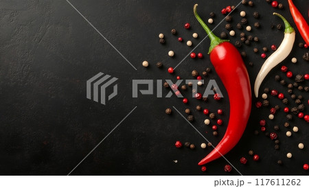 Red and white chili peppers with assorted peppercorns on a dark countertop 117611262