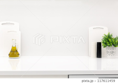 Cutting boards and utensils on white kitchen, mockup Cutting boards and utensils on white kitchen, mockup 117611459
