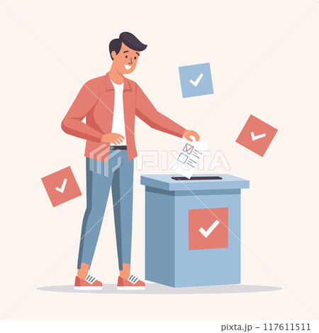 Man putting Vote ballot paper in a voting box. Election campaign concept. Flat style illustration 117611511