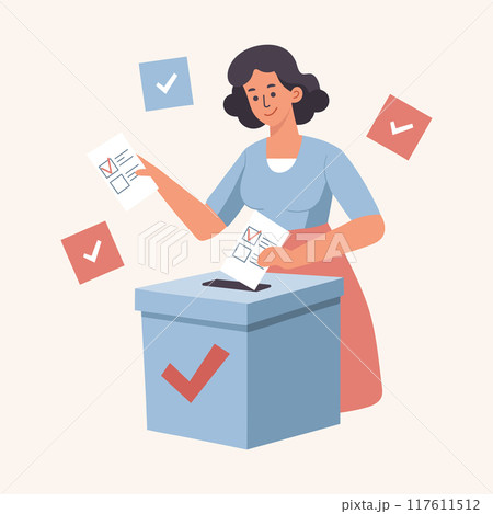 Woman putting Vote ballot paper in a voting box. Election campaign concept. Flat style illustration 117611512