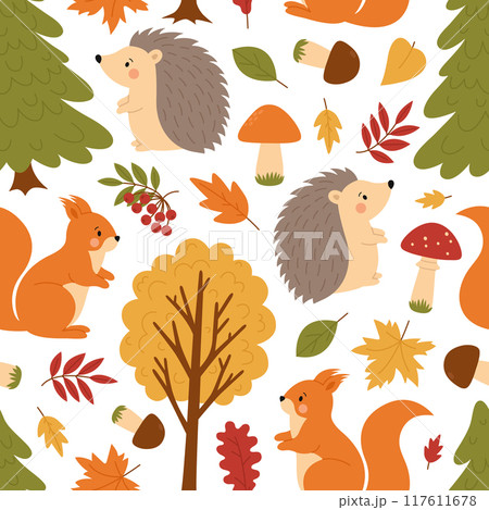 Seamless pattern with autumn forest. Trees, leaves, mushrooms, rowan, squirrel and hedgehog. Woodland plants and animals. Fall season print. Vector flat illustration isolated on white background 117611678
